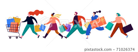 People carrying shopping bags collection. Happy men and women taking part in seasonal sale at store People carrying shopping bags collection. Happy men and women taking part in seasonal sale at store 71026374