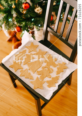 Raw gingerbread cookies on a baking sheet. 71028205