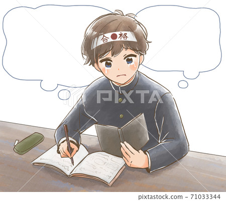 Hand-painted style, illustration of a school run boy who desperately studies for an examination while crying 71033344