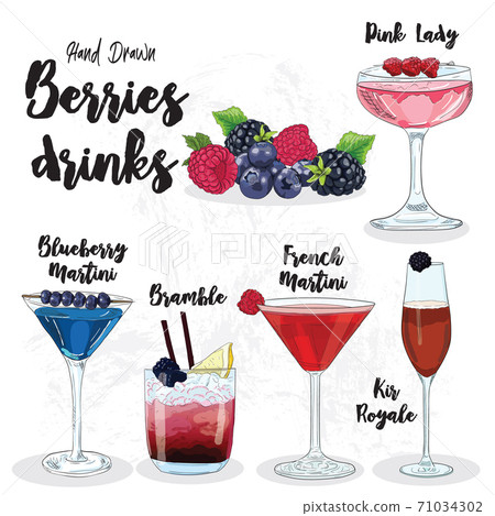 Hand Drawn Colorful Berries Drinks Set Pink Lady Blueberry Martini Bramble French Martini Kir Royale. 71034302
