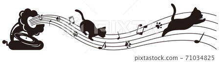 Silhouette illustration of a cat running on a gramophone and staff Silhouette illustration of a cat running on a gramophone and staff 71034825