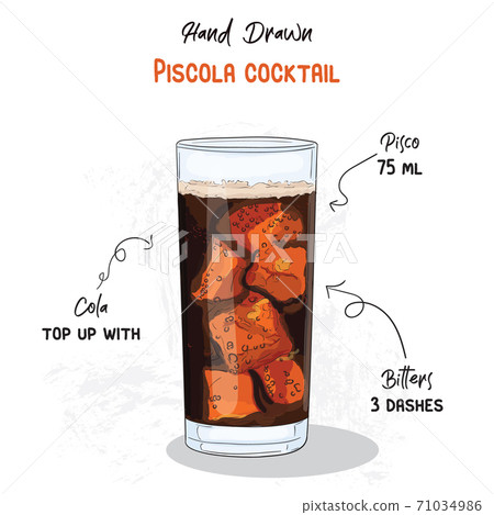 Hand Drawn Colorful Piscola Summer Cocktail Drink Ingredients Handwritten Recipe. 71034986