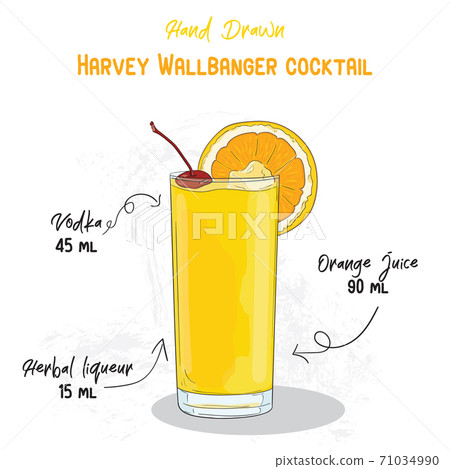 Hand Drawn Colorful Harvey Wallbanger Summer Cocktail Drink Ingredients Handwritten Recipe. 71034990
