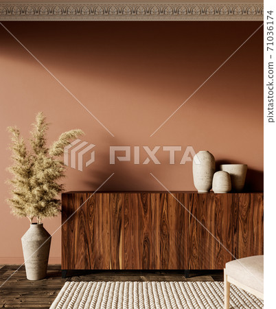 Brown orange interior with dresser and decor. 3d render illustration mock up. Brown orange interior with dresser and decor. 3d render illustration mock up. 71036174
