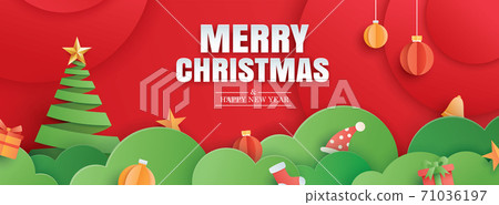 Merry christmas and happy new year red greeting card in paper art banner template. Use for header website, cover, flyer. 71036197