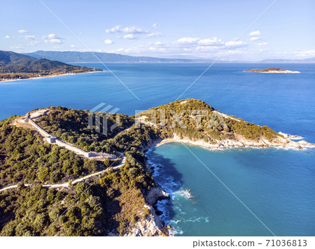 Drone aerial view of Ancient Stageira, city in Halkidiki, Greece Drone aerial view of Ancient Stageira, city in Halkidiki, Greece 71036813