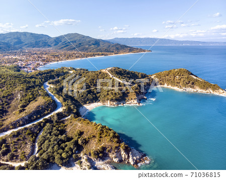 Drone aerial view of Ancient Stageira, city in Halkidiki, Greece 71036815