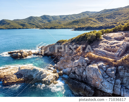 Drone aerial view of Ancient Stageira, city in Halkidiki, Greece 71036817