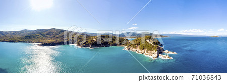 Drone aerial view of sea and rocks in Olympiada, Halkidiki, Greece Drone aerial view of sea and rocks in Olympiada, Halkidiki, Greece 71036843