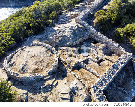 Drone aerial view of Ancient Stageira, city in Halkidiki, Greece Drone aerial view of Ancient Stageira, city in Halkidiki, Greece 71036846