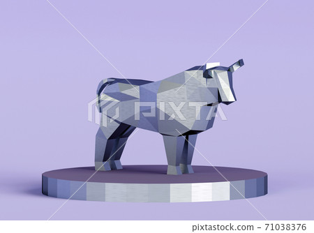 figurine of a simplified polygonal metal bull on a stand, a symbol of the new year 2021, 3d render 71038376
