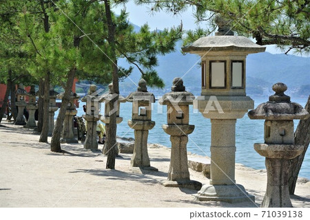 Stone lanterns at Itsukushima Shrine, Hiroshima, Japan. 71039138