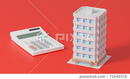Toy mansion and calculator placed on a flat surface Toy mansion and calculator placed on a flat surface 71040558