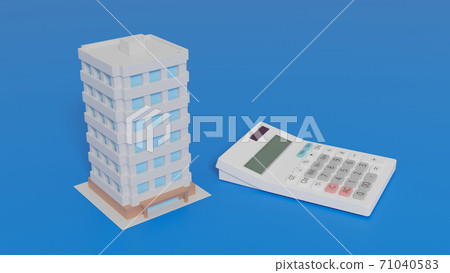 Toy mansion and calculator placed on a flat surface Toy mansion and calculator placed on a flat surface 71040583
