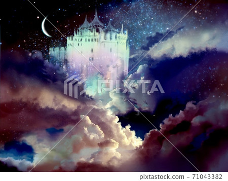 A fairytale-like castle in space, the moon and the background of the starry sky A fairytale-like castle in space, the moon and the background of the starry sky 71043382
