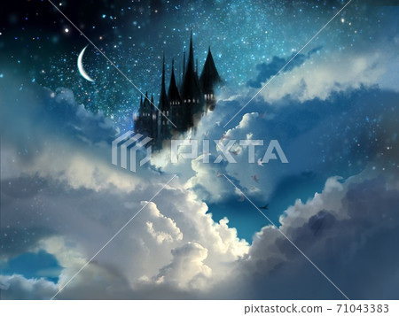 A fairytale-like castle in space, the moon and the background of the starry sky 71043383