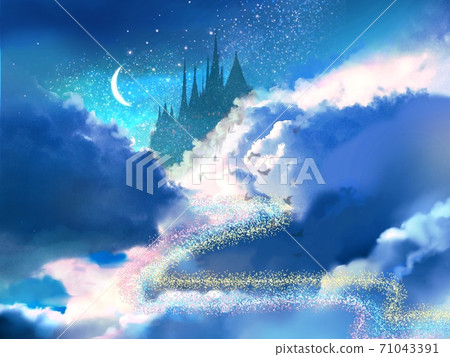 A fairytale-like castle in space, the moon and the background of the starry sky 71043391