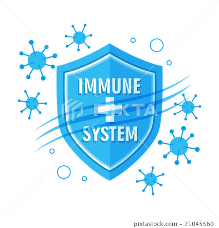 Immune system flat icon. Antivirus protection, preventive vaccination, increasing body resistance to virus. Medical shield counteracts bacterial attack of human immunity. Vector sign Immune system flat icon. Antivirus protection, preventive vaccination, increasing body resistance to virus. Medical shield counteracts bacterial attack of human immunity. Vector sign 71045560