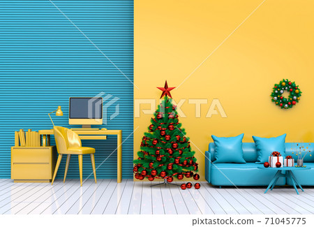 Christmas interior workspace with computer. 3d render Christmas interior workspace with computer. 3d render 71045775