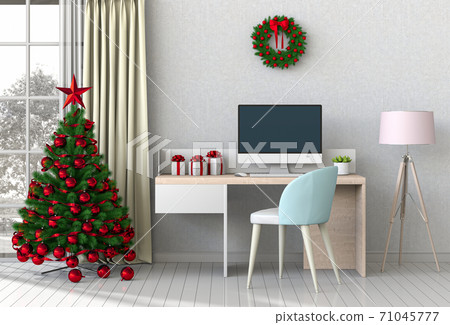 Christmas interior workspace with computer. 3d render Christmas interior workspace with computer. 3d render 71045777
