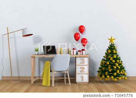 Christmas interior workspace with computer. 3d render Christmas interior workspace with computer. 3d render 71045778