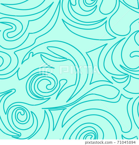 Seamless turquoise texture of spirals and curls in a linear style. Marine pattern in pastel colors. Spiral curls and whirlwind. 71045894