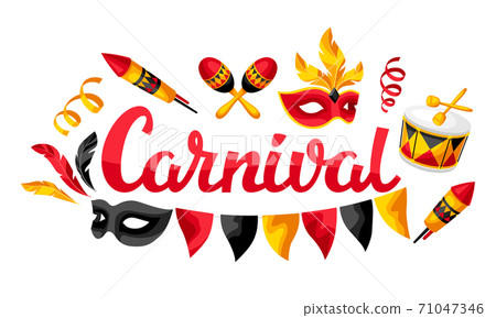 Carnival party background with celebration icons, objects and decor. Carnival party background with celebration icons, objects and decor. 71047346