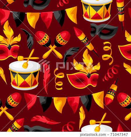 Carnival party seamless pattern with celebration icons, objects and decor. Carnival party seamless pattern with celebration icons, objects and decor. 71047347