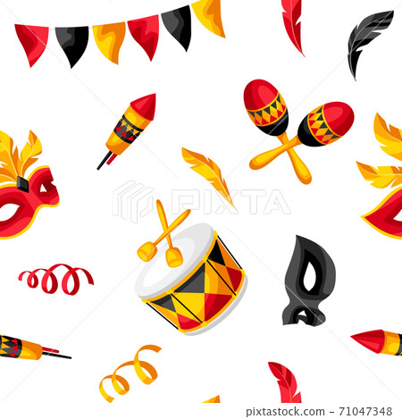 Carnival party seamless pattern with celebration icons, objects and decor. Carnival party seamless pattern with celebration icons, objects and decor. 71047348