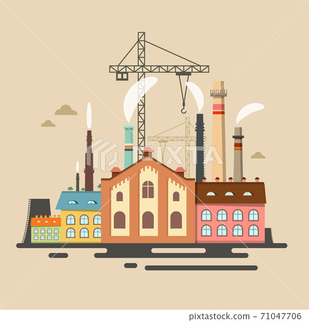 Old Factory with Stacks - Industrial Polution Vector Flat Design Cartoon 71047706