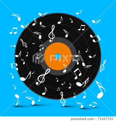 LP Vinyl Record Disc on Blue Background with Notes - Vector LP Vinyl Record Disc on Blue Background with Notes - Vector 71047781