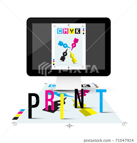Print Concept with DTP Computer and CMYK Symbol on Screen 71047924