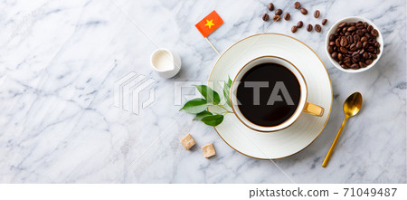 Coffee with Vietnamese flag on marble table. Copy space. Top view. 71049487