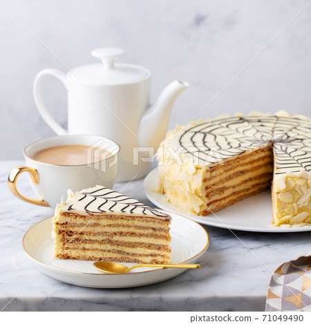 Traditional Hungarian Esterhazy cake, torte with cup of coffee. Marble background. Close up. 71049490