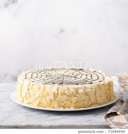 Traditional Hungarian Esterhazy cake on marble table. Grey background. Copy space. 71049494