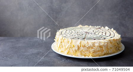 Traditional Hungarian Esterhazy cake. Grey background. Copy space. 71049504