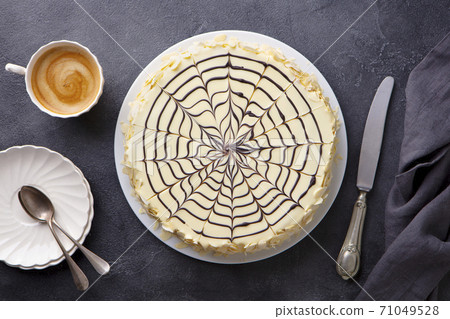 Traditional Hungarian Esterhazy cake, torte with cup of coffee. Grey background. Top view. 71049528
