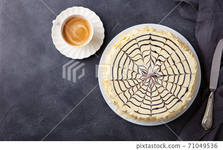 Traditional Hungarian Esterhazy cake, torte with cup of coffee. Grey background. Copy space. Top view. 71049536