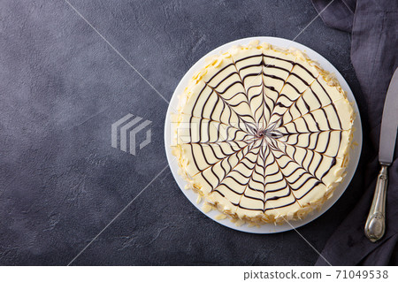 Traditional Hungarian Esterhazy cake, torte. Grey background. Copy space. Top view. 71049538