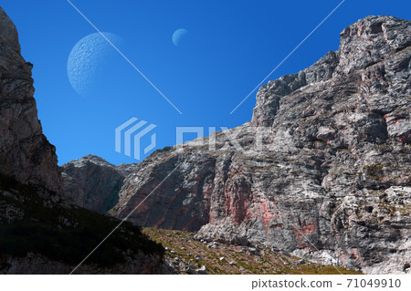 fantastic alien landscape with rocks and two moons in the sky fantastic alien landscape with rocks and two moons in the sky 71049910
