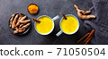 Turmeric drink, latte, tea, milk with cinnamon in a mug with fresh and powder turmeric. Dark background. Top view. 71050504