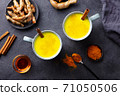Turmeric drink, latte, tea, milk with cinnamon in a mug with fresh and powder turmeric. Dark background. Top view. 71050506
