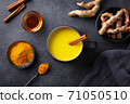 Turmeric drink, latte, tea, milk with cinnamon in a mug with fresh and powder turmeric. Dark background. Top view. 71050510