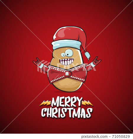 vector rock star Santa Claus potato funny cartoon cute character with red Santa hat and calligraphic merry Christmas text isolated on the red background. Rock n roll funky Christmas party banner 71050829