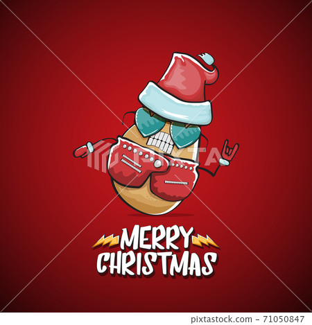 vector rock star Santa Claus potato funny cartoon cute character with red Santa hat and calligraphic merry Christmas text isolated on the red background. Rock n roll funky Christmas party banner 71050847