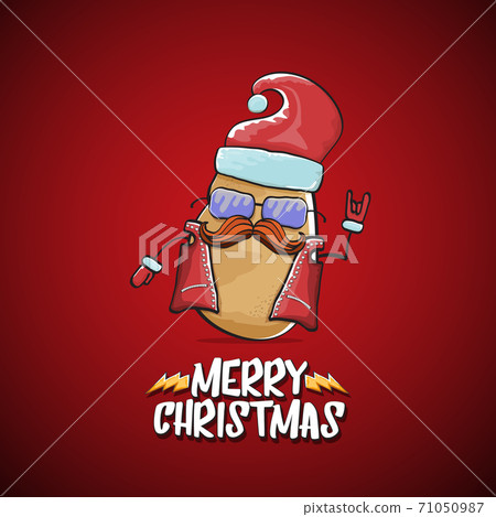 vector rock star Santa Claus potato funny cartoon cute character with red Santa hat and calligraphic merry Christmas text isolated on the red background. Rock n roll funky Christmas party banner 71050987