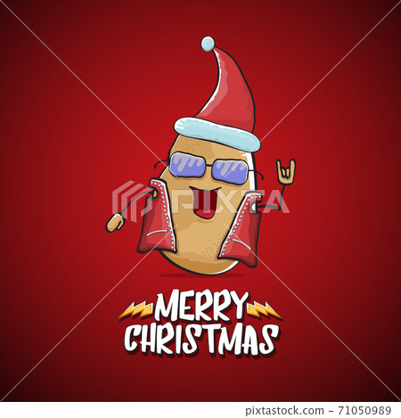 vector rock star Santa Claus potato funny cartoon cute character with red Santa hat and calligraphic merry Christmas text isolated on the red background. Rock n roll funky Christmas party banner vector rock star Santa Claus potato funny cartoon cute character with red Santa hat and calligraphic merry Christmas text isolated on the red background. Rock n roll funky Christmas party banner 71050989