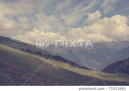Panorama of road in mountains of national park Dombay, Caucasus Panorama of road in mountains of national park Dombay, Caucasus 71051691
