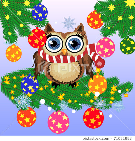 Greeting Christmas card Cute Cartoon Owl with... - Stock Illustration ...