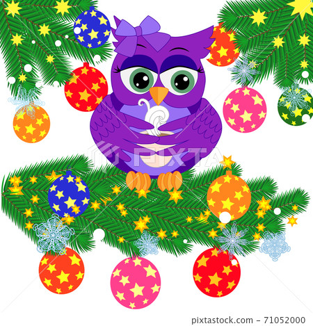 Greeting Christmas card Cute Cartoon Owl with... - Stock Illustration ...